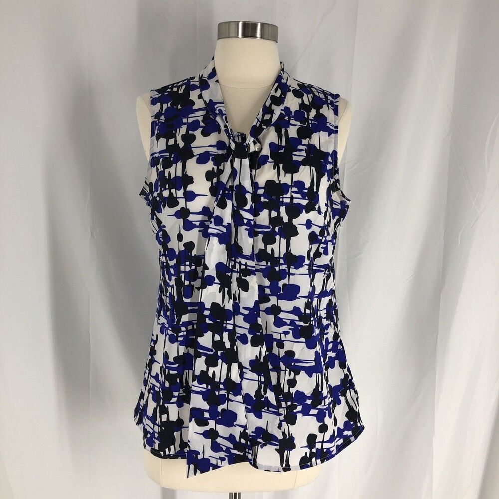 Banana Republic Womens Tie Neck Blouse M Geometric Mod Blue Sleeveless Top